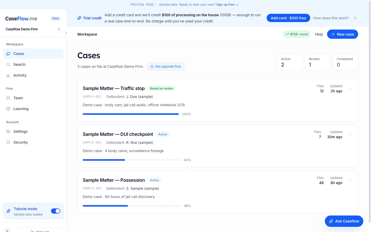 Caseflow workspace: searchable evidence map across body cam, jail calls, and documents